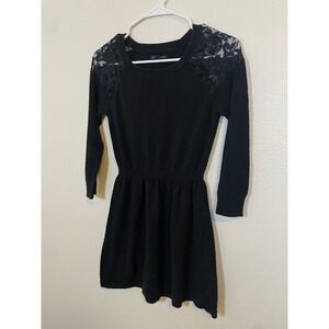 Y2K American Eagle S Black Knit Lace Shoulder Sweater Dress 3/4 Sleeve Fit Flare